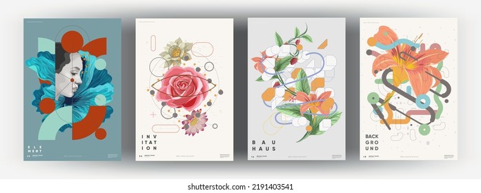 Trendy abstract art templates with floral and geometric elements. Vector fashion backgrounds. Paintings for interior. Women's faces in flowers. Suitable for social media posts, cover, banners design.