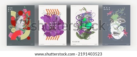 Trendy abstract art templates with floral and geometric elements. Vector fashion backgrounds. Paintings for interior. Women's faces in flowers. Suitable for social media posts, cover, banners design.