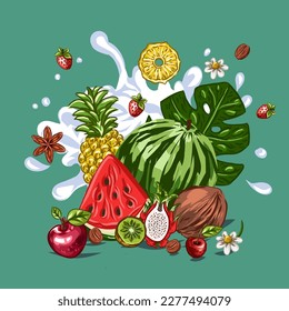 Trendy abstract art templates with fruit and geometric elements. Suitable for social media posts, mobile apps, banners design and web internet ads. Vector fashion backgrounds.