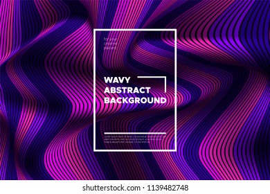 Trendy Abstract Background with 3d Effect. Wave Texture with Pink, Blue, Purple Distorted Lines. Creative Optical Illusion. Futuristic Style. Abstract Background with Volumetric Striped Shapes. Eps10.