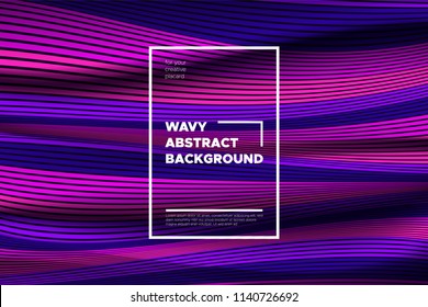Trendy Abstract Background with 3d Effect. Wave Texture with Pink, Blue, Purple Distorted Lines. Creative Optical Illusion. Futuristic Style. Abstract Background with Volumetric Striped Shapes. Eps10.