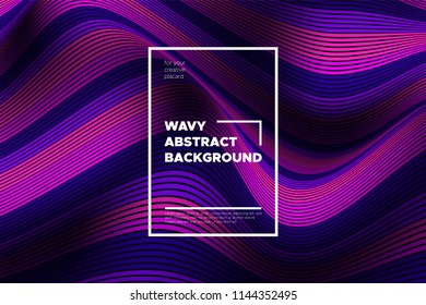 Trendy Abstract Background with 3d Effect. Wave Texture with Pink, Blue, Purple Distorted Lines. Creative Optical Illusion. Futuristic Style. Abstract Background with Volumetric Striped Shapes. Eps10.
