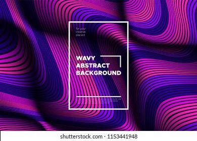 Trendy Abstract Background with 3d Effect. Wave Texture with Pink, Blue, Purple Distorted Lines. Creative Optical Illusion. Futuristic Style. Abstract Background with Volumetric Striped Shapes. Eps10.