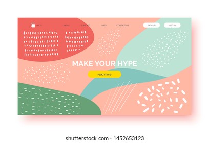 Trendy abstract background, banner for presentation, landing page, web site. Pink, green color poster with text space, abstract futuristic shapes and dot pattern.