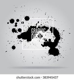 Trendy Abstract background with black spots and a white frame. Many small splashes of ink. Vector illustration. Gray background.