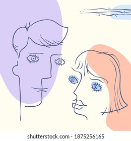 Trendy abstract background. Boy and girl faces. Minimal hand drawn geometric shapes composition. Pastel colorful pattern. Editable mask. Template for your design works. Vector illustration.
