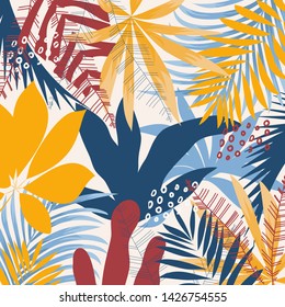 Trendy abstract background with bright tropical leaves and plants on beige background. Vector design. Jungle print. Floral background. Printing and textiles. Exotic tropics. Summer design.