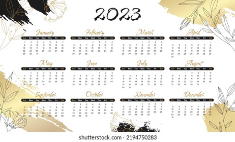Trendy abstract background with brush paint shapes and flower element in gold, black colors. 2023 Calendar year vector illustration poster. Annual calendar luxury template.