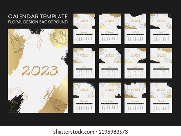 Trendy abstract background with brush paint shapes and flower element in luxury black and gold colors. 2023 Calendar year vector illustration poster. Monthly vertical calendar template