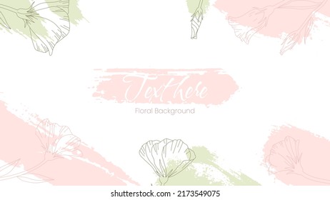 Trendy abstract background with brush shapes and floral element in pastel colors. Modern paint grunge art with flowers for card, poster, blog, wallpaper, wedding invitation. Vector illustration.