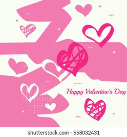 Trendy abstract background. Collage of geometric elements with red hearts. 