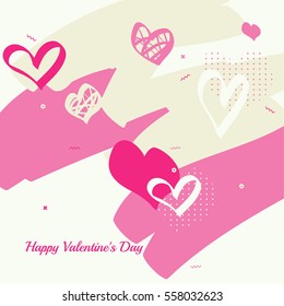 Trendy abstract background. Collage of geometric elements with red hearts. 
