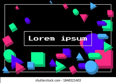 Trendy abstraktes Hintergrunddesign in trendigen Neonfarben im Stil der 80er Jahre. Geometrische Formen auf schwarzem Hintergrund. Flaches Design. Retro-Spielstil. Vektorgrafik.