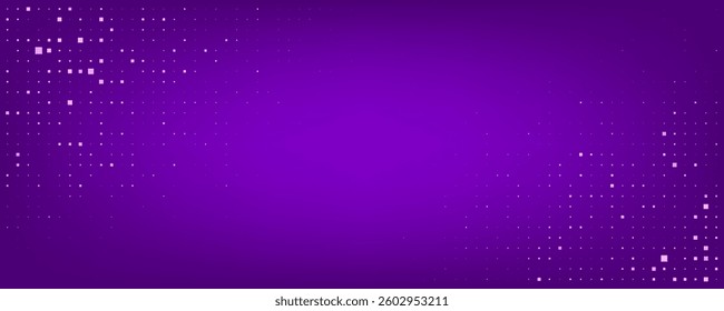Trendy abstract background with digital pixel particles. Futuristic geometric style with vibrant purple color and glowing light effects. Modern halftone design. Great for banners, posters