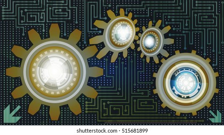 Trendy abstract background of futuristic technology with gears in blue, white and brown shades. Digital technology and engineering concept design