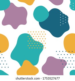 Trendy abstract background. Geometric seamless pattern in bright bold colors with wavy shapes on a white background. Modern graphic design. Vector illustration.