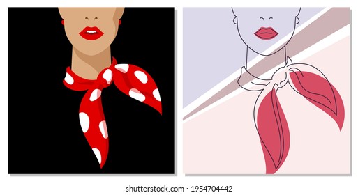 Trendy abstract background. The head of a woman with a red scarf around her neck. Editable mask. Template for your design works. Vector illustration.