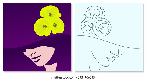 Trendy abstract background. The head of a woman in a hat decorated with flowers. Pastel colorful pattern. Editable mask. Template for your design works. Vector illustration.