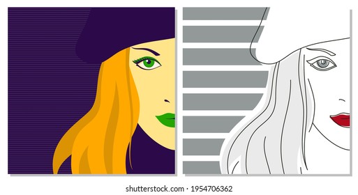 Trendy abstract background. The head of a woman in a hat. Editable mask. Template for your design works. Vector illustration.