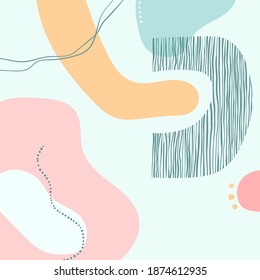 Trendy abstract background.  Minimal hand drawn geometric shapes composition. Pastel colorful pattern. Editable mask. Template for your design works. Vector illustration.