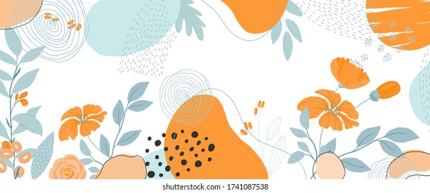 Trendy Abstract background with Shapes and floral element in Neutral Tones. Modern geometric vector for create stationary, Wrappers, posters, blogs, wallpapers. Vector illustration. 