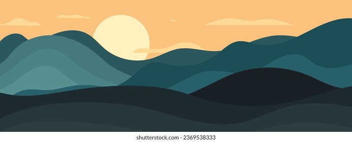 Trendy abstract background, sunrise in mountains. Flat style landscape, minimalist wave hills and clouds. Contemporary vector graphic art