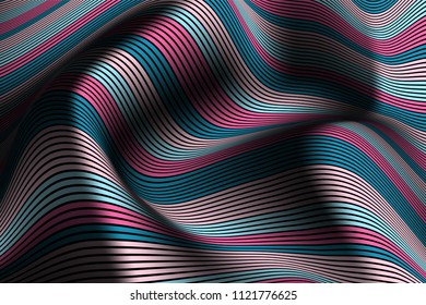 Trendy Abstract Background. Vector Wallpaper with Effect of Volume and Movement. Distorted Colorful Surface. Wavy Lines and Gradient Mesh. Futuristic 3D Illustration with Distortion of Lines. Flow.