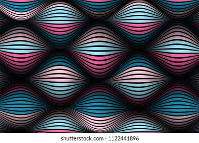 Trendy Abstract Background. Vector Wallpaper with Effect of Volume and Movement. Distorted Colorful Surface. Wavy Lines and Gradient Mesh. Futuristic 3D Illustration with Distortion of Lines. Flow.