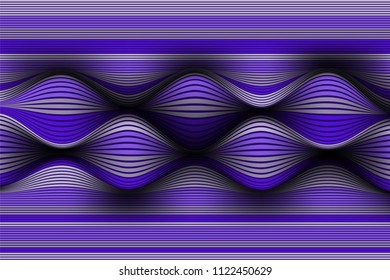 Trendy Abstract Background. Vector Wallpaper with Effect of Volume and Movement. Distorted Ultraviolet Surface. Wavy Lines and Gradient Mesh. Futuristic 3D Illustration with Distortion of Lines. Flow.