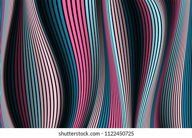 Trendy Abstract Background. Vector Wallpaper with Effect of Volume and Movement. Distorted Colorful Surface. Wavy Lines and Gradient Mesh. Futuristic 3D Illustration with Distortion of Lines. Flow.