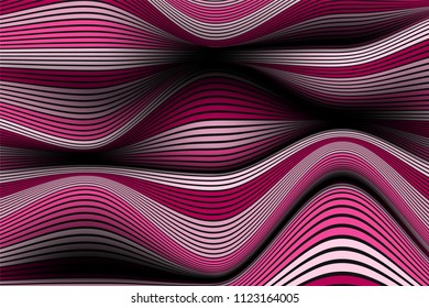 Trendy Abstract Background. Vector Wallpaper with Effect of Volume and Movement. Distorted Colorful Surface. Wavy Lines and Gradient Mesh. Futuristic 3D Illustration with Distortion of Lines. Flow.