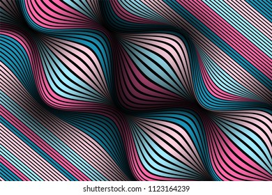 Trendy Abstract Background. Vector Wallpaper with Effect of Volume and Movement. Distorted Colorful Surface. Wavy Lines and Gradient Mesh. Futuristic 3D Illustration with Distortion of Lines. Flow.