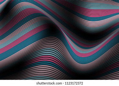 Trendy Abstract Background. Vector Wallpaper with Effect of Volume and Movement. Distorted Colorful Surface. Wavy Lines and Gradient Mesh. Futuristic 3D Illustration with Distortion of Lines. Flow.