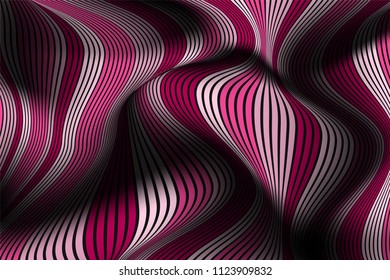 Trendy Abstract Background. Vector Wallpaper with Effect of Volume and Movement. Distorted Colorful Surface. Wavy Lines and Gradient Mesh. Futuristic 3D Illustration with Distortion of Lines. Flow.