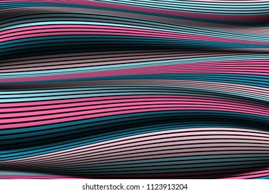 Trendy Abstract Background. Vector Wallpaper with Effect of Volume and Movement. Distorted Colorful Surface. Wavy Lines and Gradient Mesh. Futuristic 3D Illustration with Distortion of Lines. Flow.