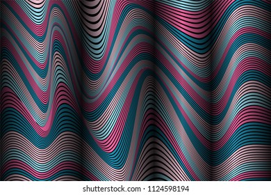 Trendy Abstract Background. Vector Wallpaper with Effect of Volume and Movement. Distorted Colorful Surface. Wavy Lines and Gradient Mesh. Futuristic 3D Illustration with Distortion of Lines. Flow.
