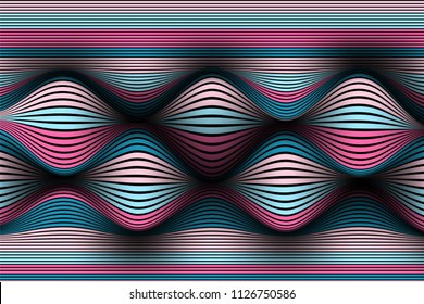 Trendy Abstract Background. Vector Wallpaper with Effect of Volume and Movement. Distorted Colorful Surface. Wavy Lines and Gradient Mesh. Futuristic 3D Illustration with Distortion of Lines. Flow.