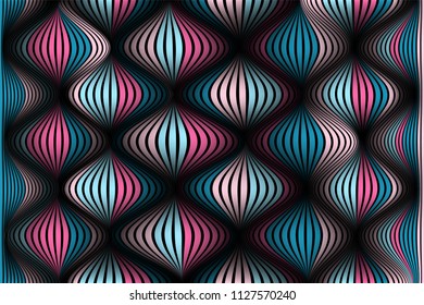 Trendy Abstract Background. Vector Wallpaper with Effect of Volume and Movement. Distorted Colorful Surface. Wavy Lines and Gradient Mesh. Futuristic 3D Illustration with Distortion of Lines. Flow.