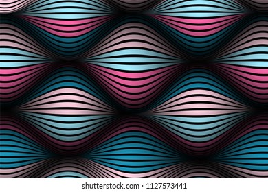 Trendy Abstract Background. Vector Wallpaper with Effect of Volume and Movement. Distorted Colorful Surface. Wavy Lines and Gradient Mesh. Futuristic 3D Illustration with Distortion of Lines. Flow.