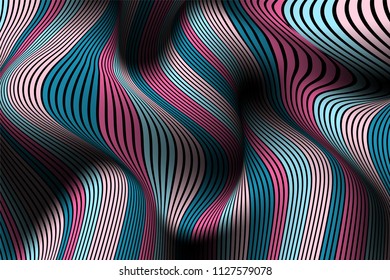 Trendy Abstract Background. Vector Wallpaper with Effect of Volume and Movement. Distorted Colorful Surface. Wavy Lines and Gradient Mesh. Futuristic 3D Illustration with Distortion of Lines. Flow.