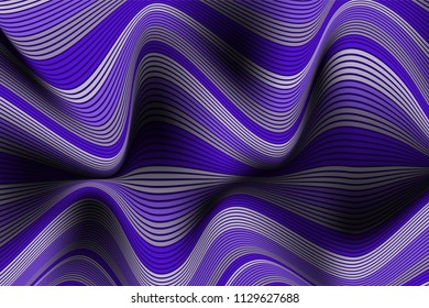 Trendy Abstract Background. Vector Wallpaper with Effect of Volume and Movement. Distorted Ultraviolet Surface. Wavy Lines and Gradient Mesh. Futuristic 3D Illustration with Distortion of Lines. Flow.