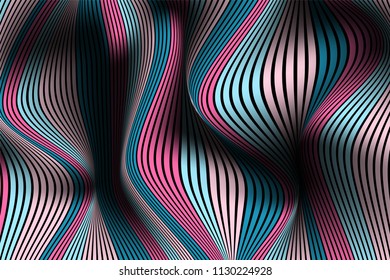 Trendy Abstract Background. Vector Wallpaper with Effect of Volume and Movement. Distorted Colorful Surface. Wavy Lines and Gradient Mesh. Futuristic 3D Illustration with Distortion of Lines. Flow.