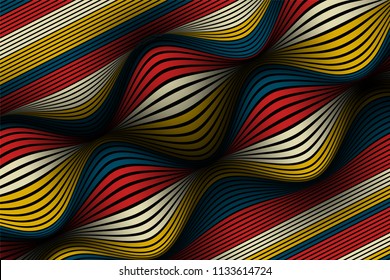 Trendy Abstract Background. Vector Wallpaper with Effect of Volume and Movement. Distorted Colorful Surface. Wavy Lines and Gradient Mesh. Futuristic 3D Illustration with Distortion of Lines. Flow.