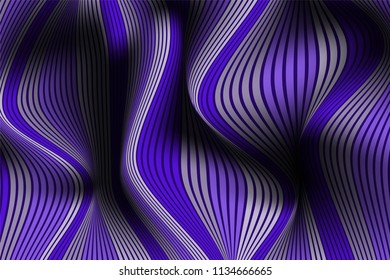 Trendy Abstract Background. Vector Wallpaper with Effect of Volume and Movement. Distorted Ultraviolet Surface. Wavy Lines and Gradient Mesh. Futuristic 3D Illustration with Distortion of Lines. Flow.