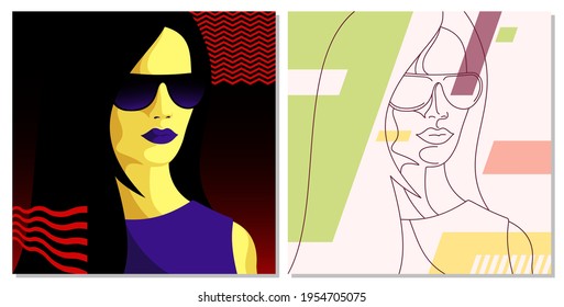 Trendy abstract background. Woman in dress and sunglasses. Pastel colorful pattern. Editable mask. Template for your design works. Vector illustration.