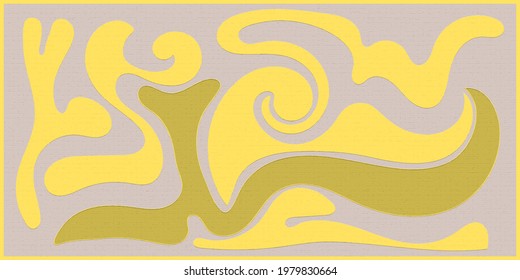 Trendy abstrakter Hintergrund. Gelbe, gewellte Linien auf grauem Leinwand in Vektorgrafik. Malerei, Dekoration im Inneren 