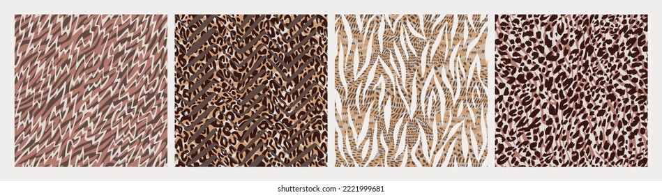 Trendy abstract backgrounds with curved lines an spots. Seamless striped patterns. Mixed animal skins textures. Geometry optical effects. Set of curved line patterns. Zebra, tiger, leopard fur prints.