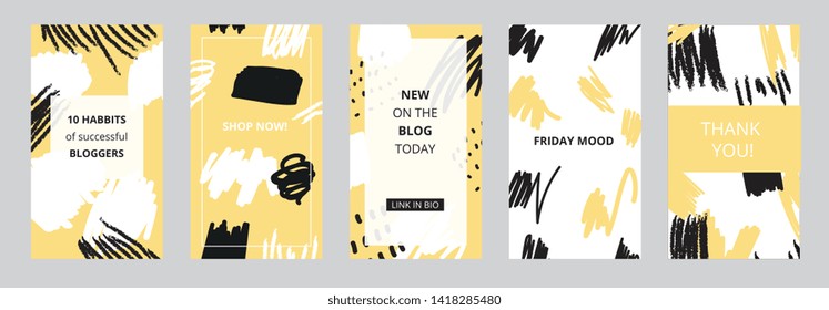 Trendy abstract backgrounds and templates for stories instagram smartphone with brush strokes. Set of stories instagram templates with brushes for shopes, blogs and business, vector illustration.