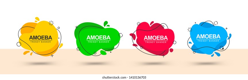 Trendy abstract banners in the form of Amoeba and in the style of Memphis. Bright banners for web, advertising, printing in typography and more.