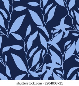 Trendy abstract blue floral repeat pattern. Botanical fashion wallpaper. Vector illustration